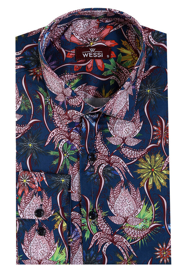 WSS Colorful Floral Patterned Slim Fit Long Sleeves Navy Blue Men Shirt  - Greenburgh