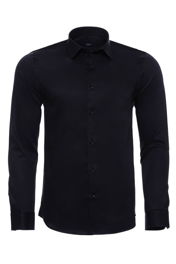 WSS Cotton Satin Slim Fit Black Men Shirt  - Blanes