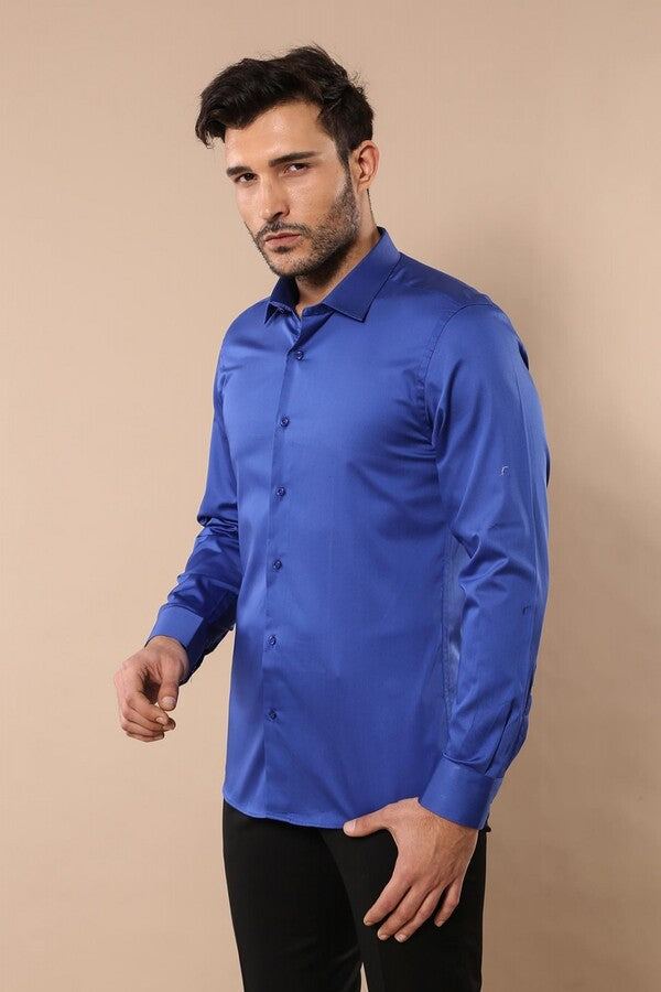 WSS Cotton Satin Slim Fit Blue Men Shirt  - Camargo