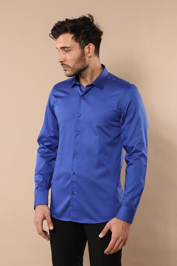 WSS Cotton Satin Slim Fit Blue Men Shirt  - Camargo