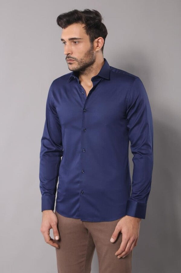 WSS Cotton Satin Slim Fit Navy Blue Men Shirt  - Bagnolet