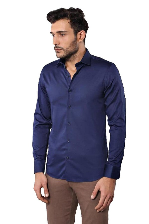 WSS Cotton Satin Slim Fit Navy Blue Men Shirt  - Bagnolet