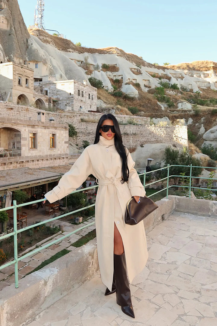 EYY Women Cream Long Coat with Pocket Details - Gütersloh