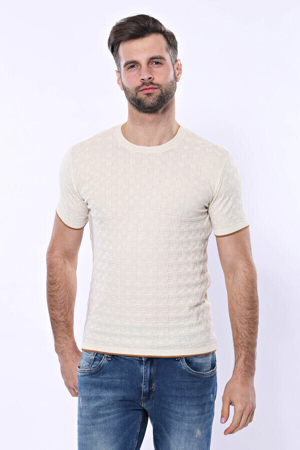 WSS Cream Patterned Tricot Knitted T-Shirt  - Vitrolles
