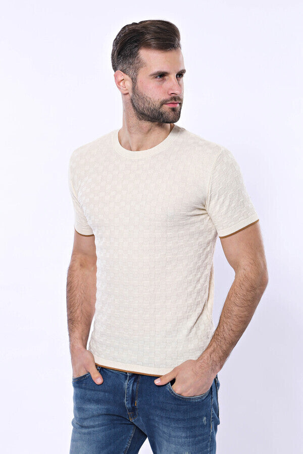 WSS Cream Patterned Tricot Knitted T-Shirt  - Vitrolles