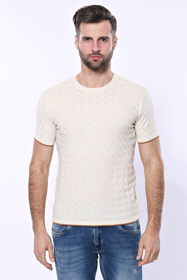 WSS Cream Patterned Tricot Knitted T-Shirt  - Vitrolles
