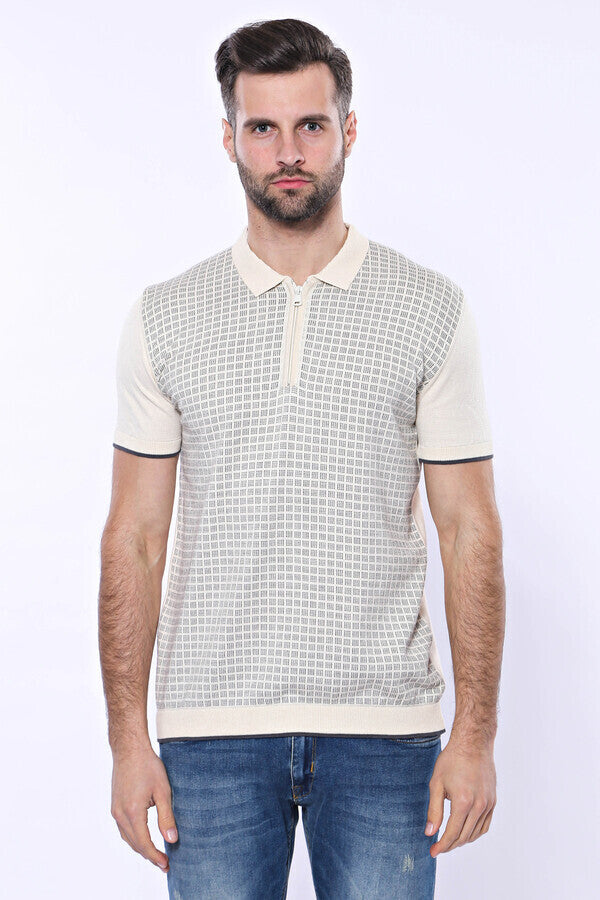 WSS Cream Plaid Zippered Polo Knitted T-Shirt  - Denver