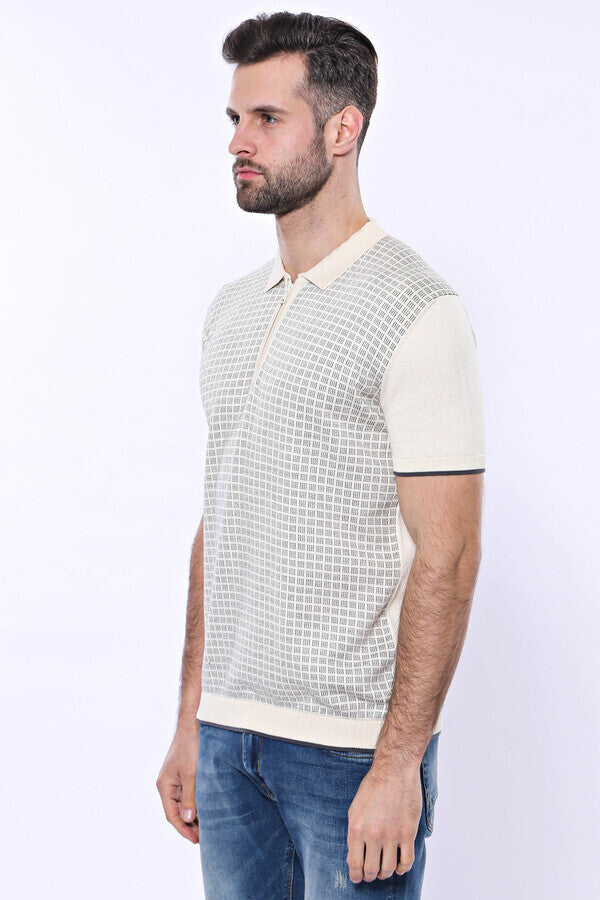 WSS Cream Plaid Zippered Polo Knitted T-Shirt  - Denver