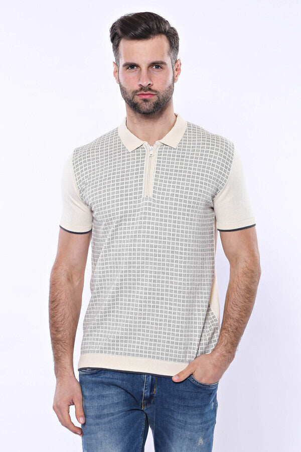 WSS Cream Plaid Zippered Polo Knitted T-Shirt  - Denver
