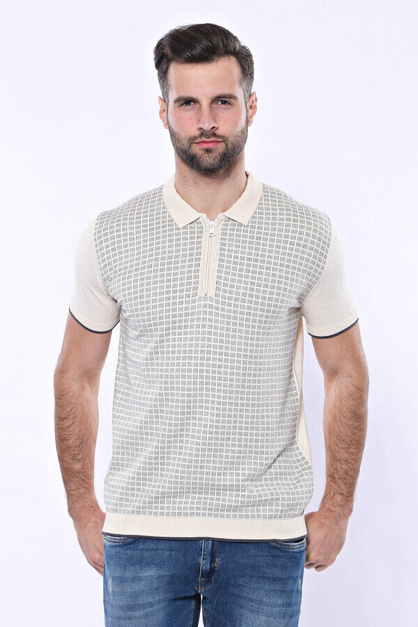 WSS Cream Plaid Zippered Polo Knitted T-Shirt  - Denver