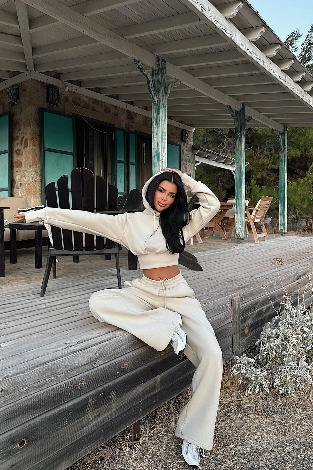 EYY Women Cream Scarf Hooded Tracksuit - Roy