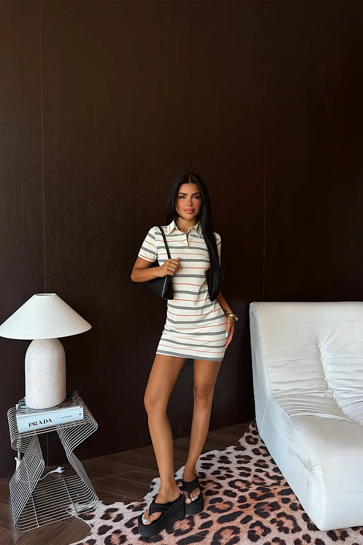 EYY Women Cream Striped Shirt Collar Dress - Lucena