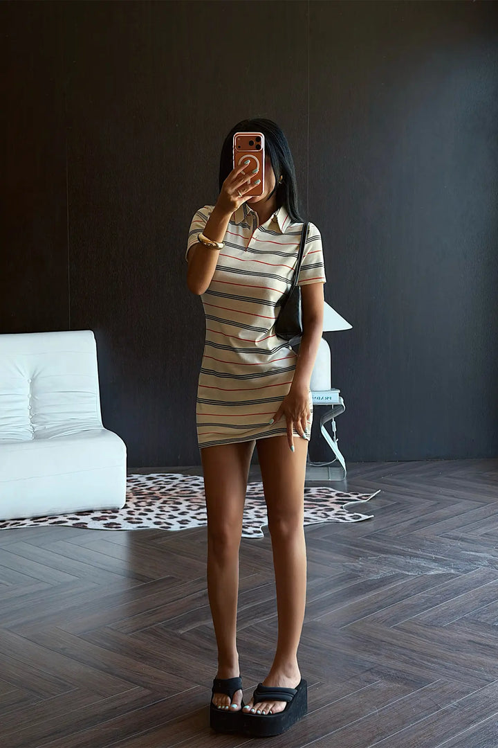 EYY Women Cream Striped Shirt Collar Dress - Lucena
