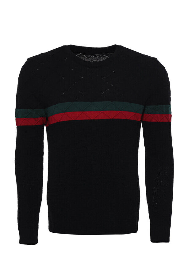 WSS Crew Neck Knitwear Chest Striped Over Black  - Lokeren