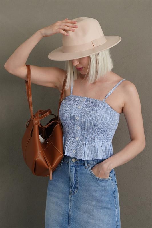MDX Baby Blue Adjustable Strap Checkered Crop Top Mg2371 - Corigliano Calabro
