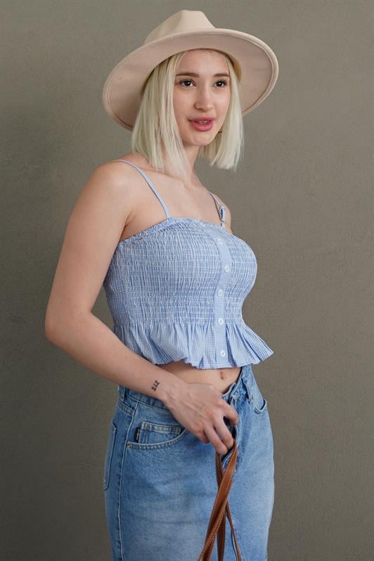 MDX Baby Blue Adjustable Strap Checkered Crop Top Mg2371 - Corigliano Calabro