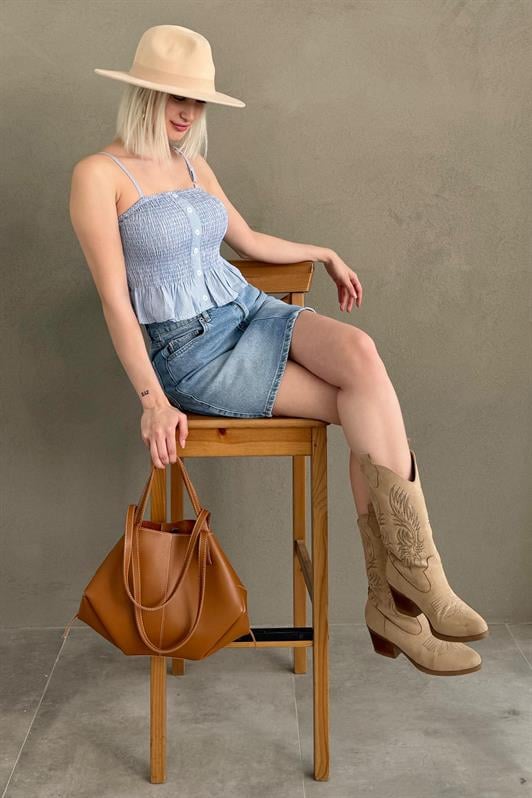 MDX Baby Blue Adjustable Strap Checkered Crop Top Mg2371 - Corigliano Calabro