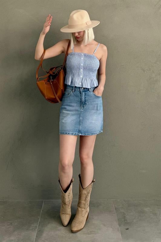 MDX Baby Blue Adjustable Strap Checkered Crop Top Mg2371 - Corigliano Calabro