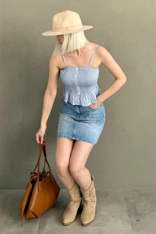 MDX Baby Blue Adjustable Strap Checkered Crop Top Mg2371 - Corigliano Calabro