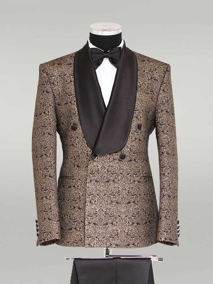 WSS Brocade Double-Breasted Satin Lapel Gold and Black Men's Tuxedo with Bow Tie  - Bruchsal