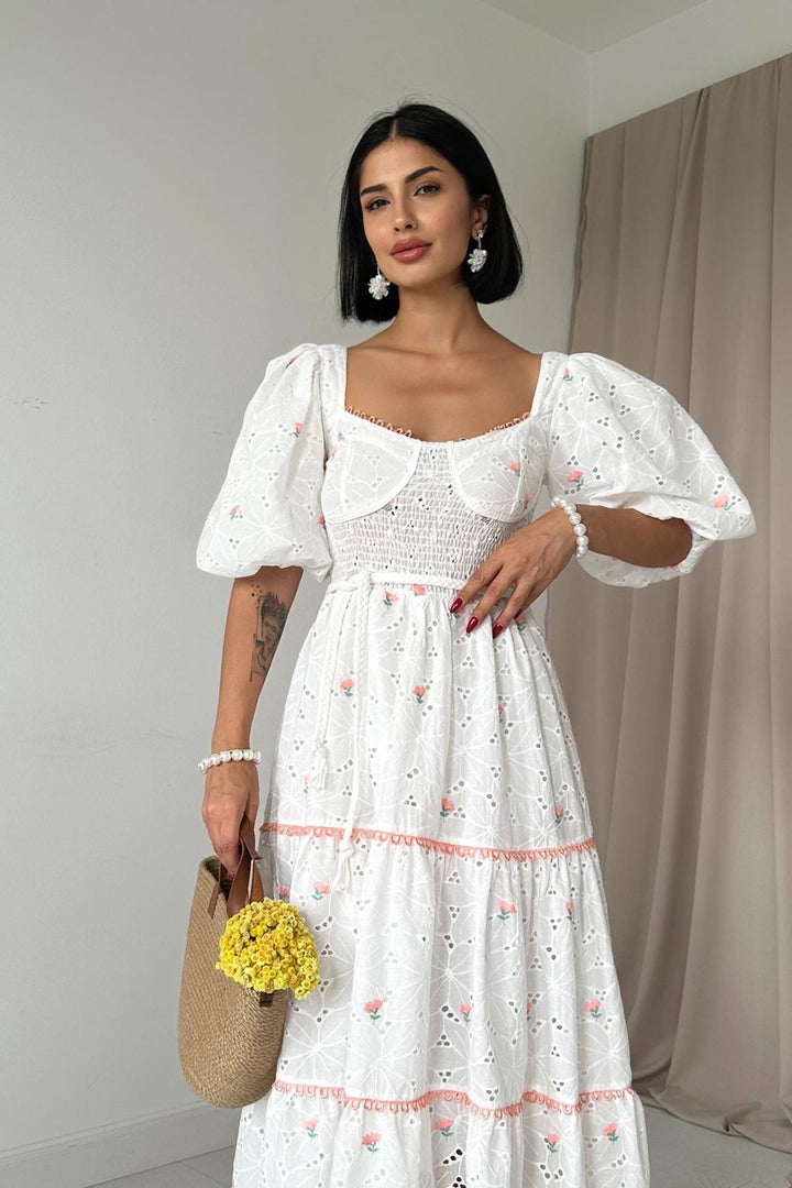 ELS Lace Detailed Embroidered Dress - Powder - Trieste