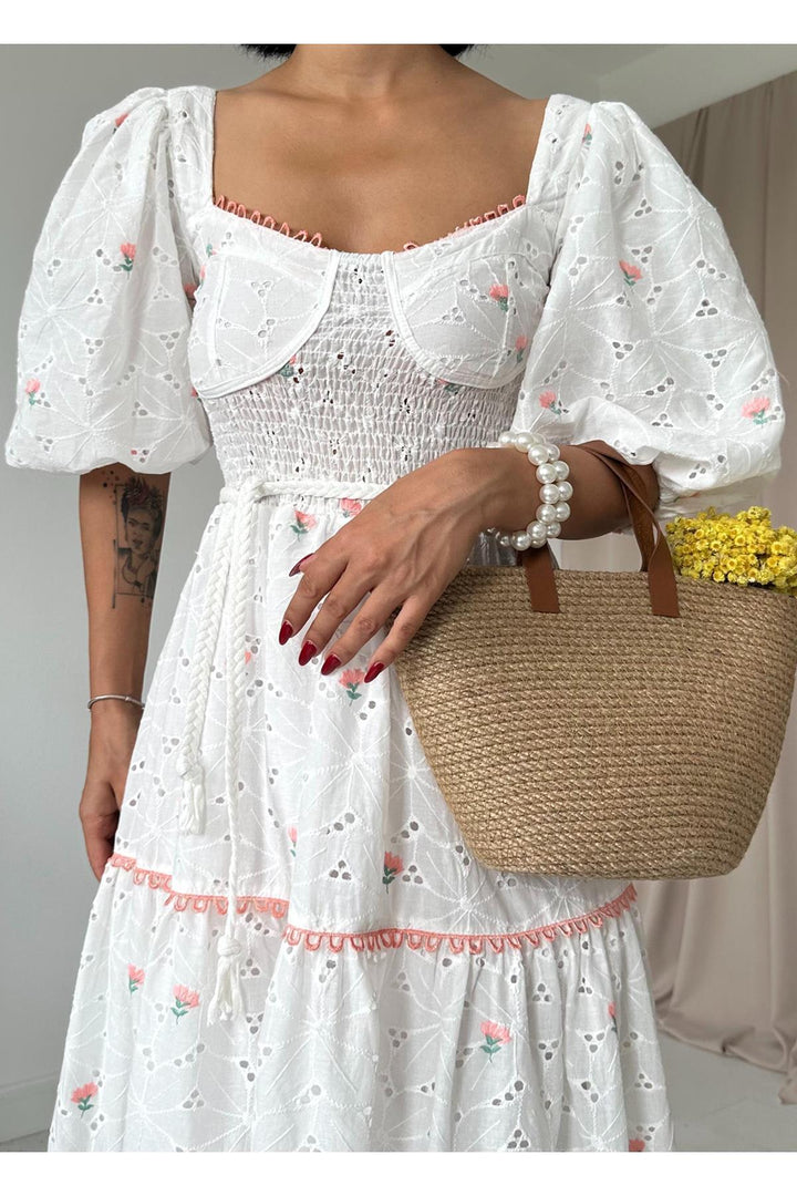 ELS Lace Detailed Embroidered Dress - Powder - Trieste