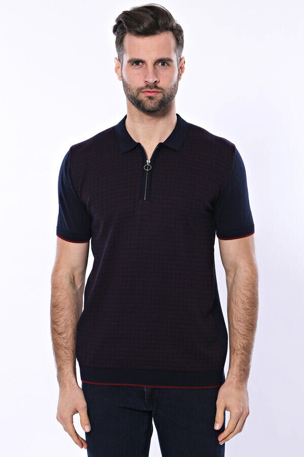 WSS Dark Blue Plaid Zippered Knitted Polo T-Shirt  - Cumberland