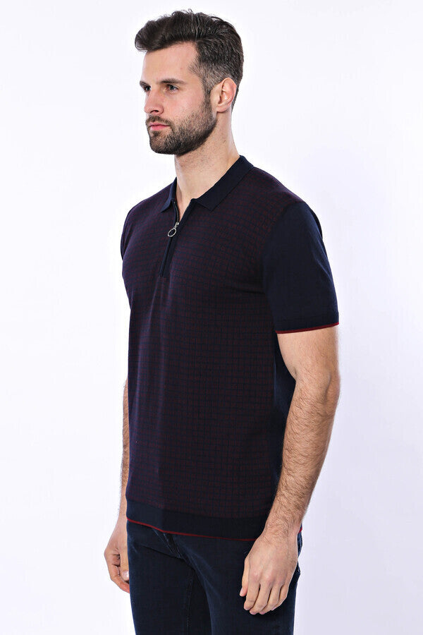 WSS Dark Blue Plaid Zippered Knitted Polo T-Shirt  - Cumberland