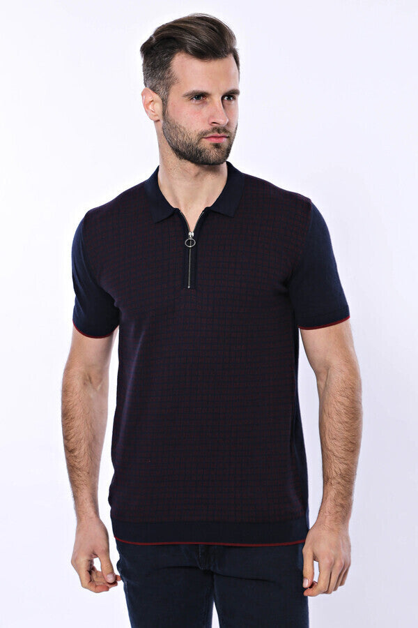 WSS Dark Blue Plaid Zippered Knitted Polo T-Shirt  - Cumberland