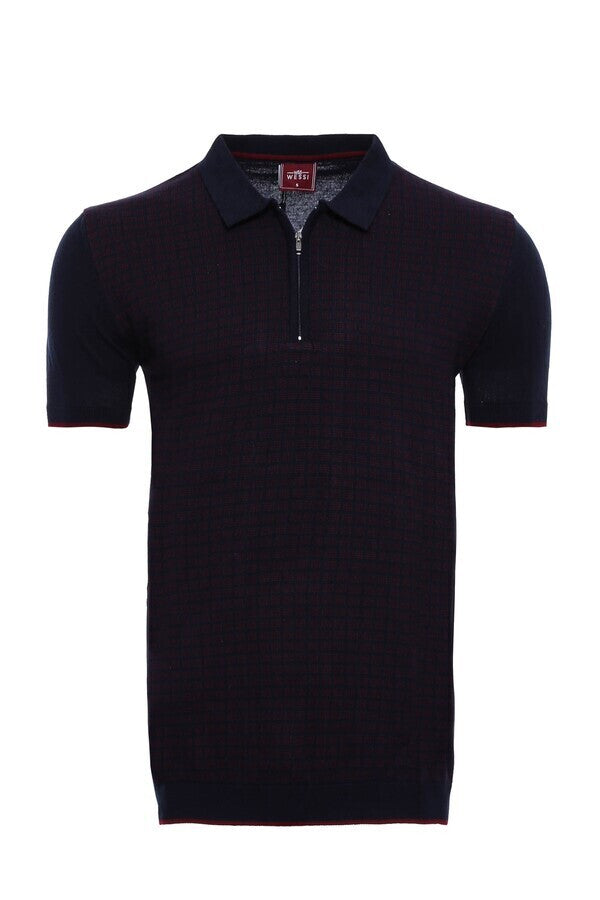 WSS Dark Blue Plaid Zippered Knitted Polo T-Shirt  - Cumberland