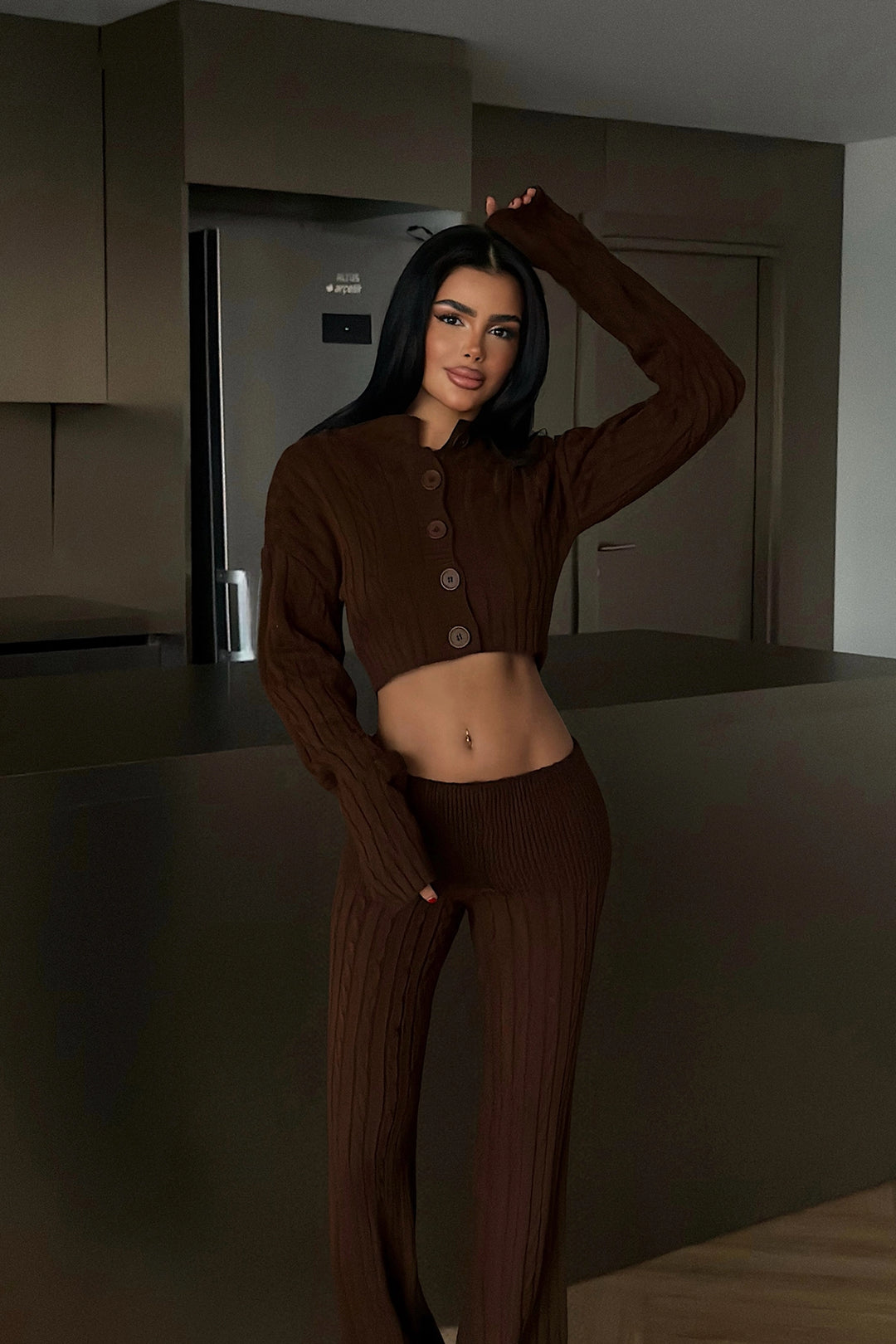 EYY Women Dark Brown Button Knit Set - Cookeville
