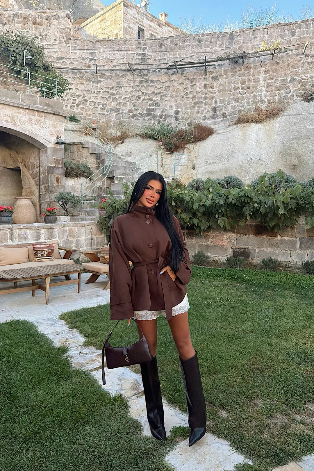 EYY Women Dark Brown Jacket with Sleeve Tie Detail - Clinton