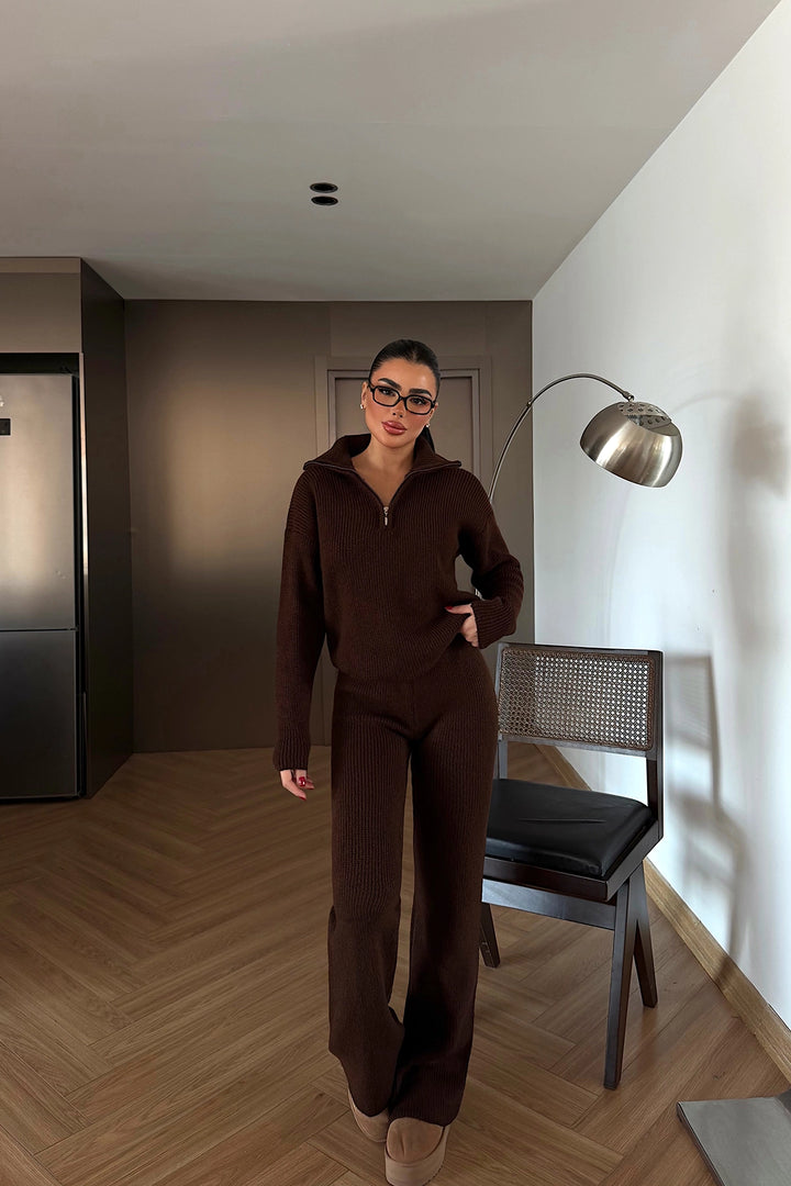 EYY Women Dark Brown Zipper Detail Suit - Celaya