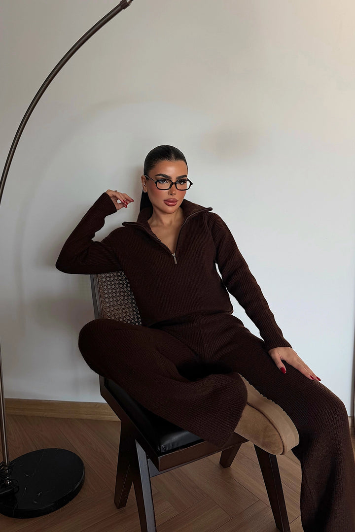 EYY Women Dark Brown Zipper Detail Suit - Celaya