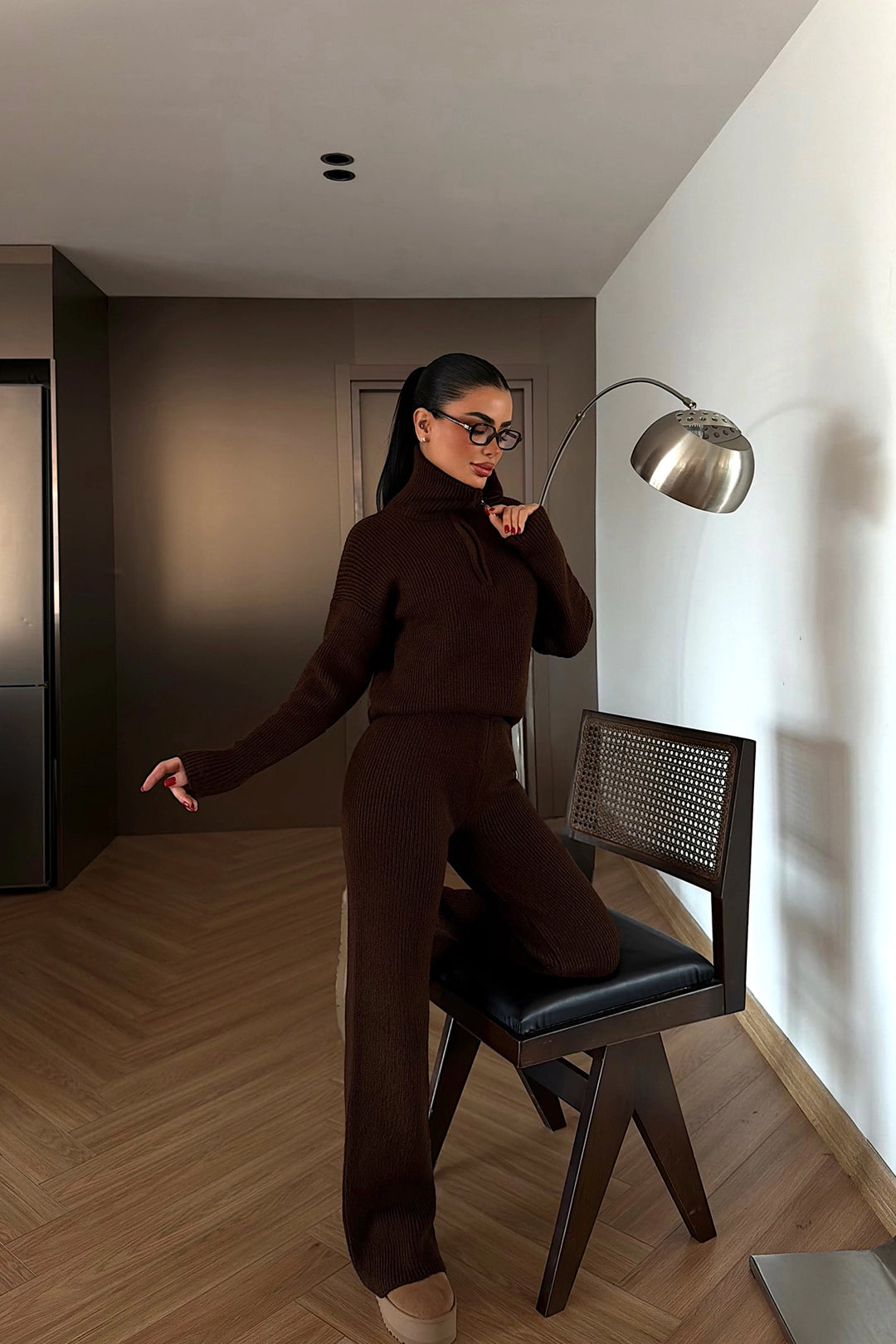 EYY Women Dark Brown Zipper Detail Suit - Celaya