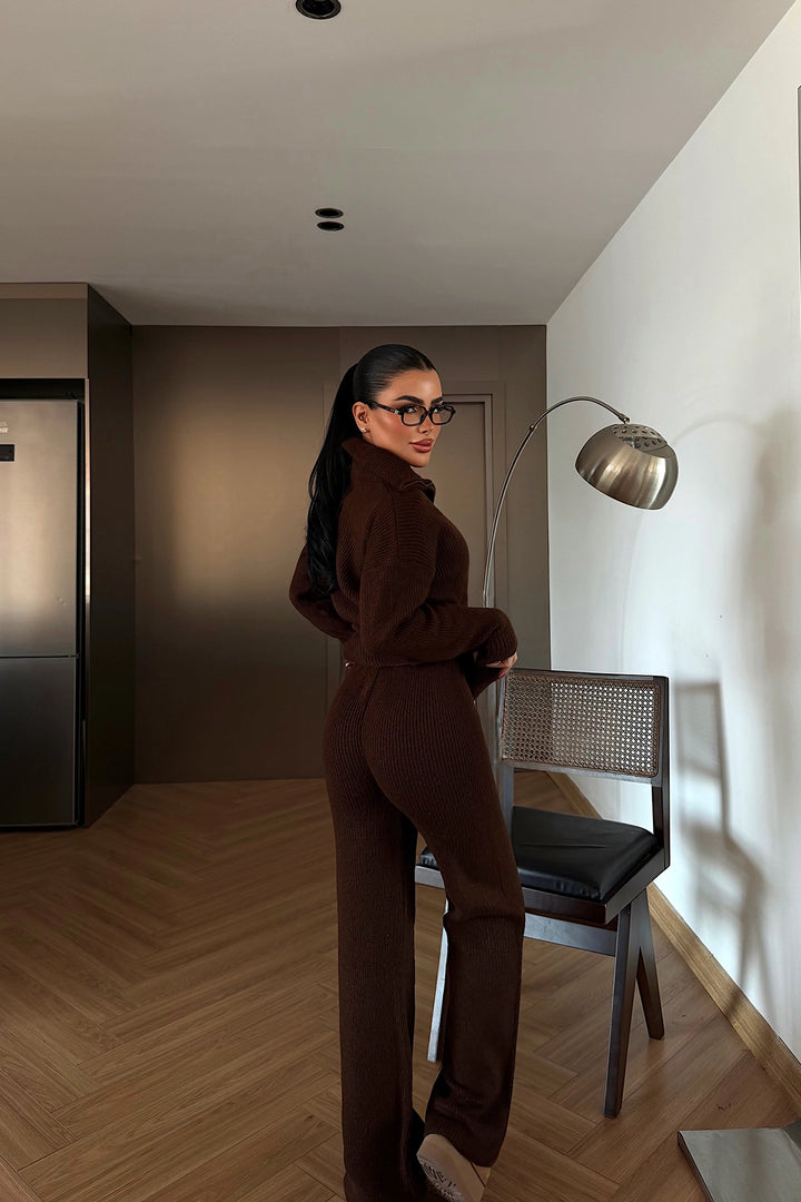 EYY Women Dark Brown Zipper Detail Suit - Celaya