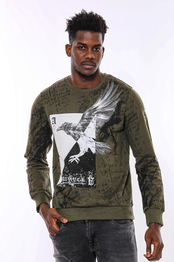 WSS Dark Green Patterned Slim Fit Sweatshirt  - Gela