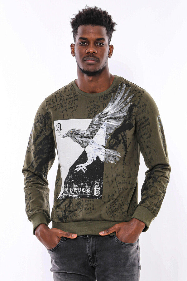 WSS Dark Green Patterned Slim Fit Sweatshirt  - Gela