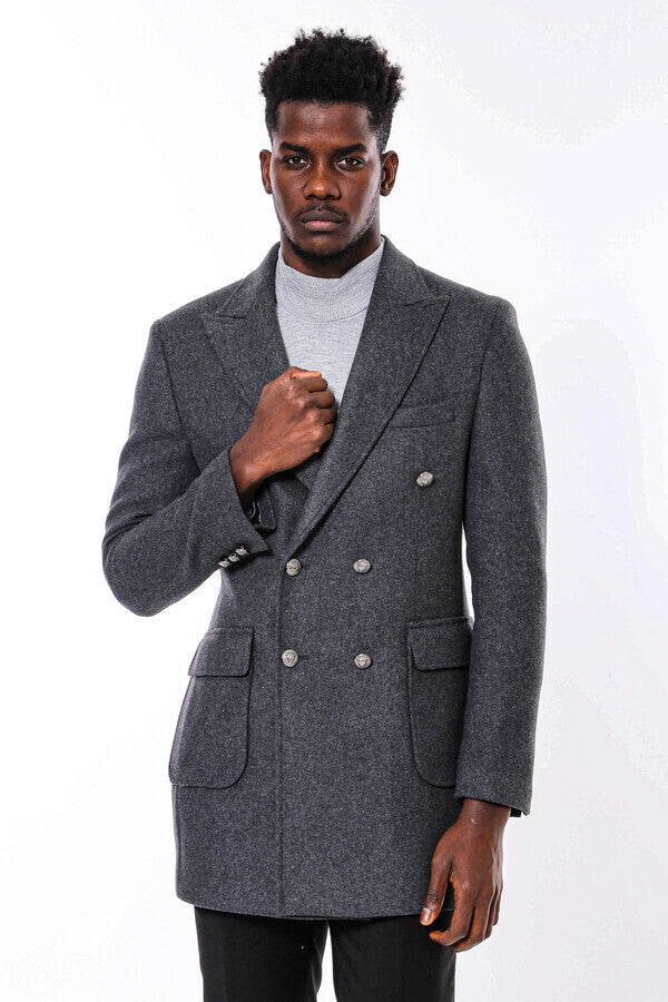 WSS Dark Grey Metal Buttoned Double Breasted Long Coat  - Borgerhout