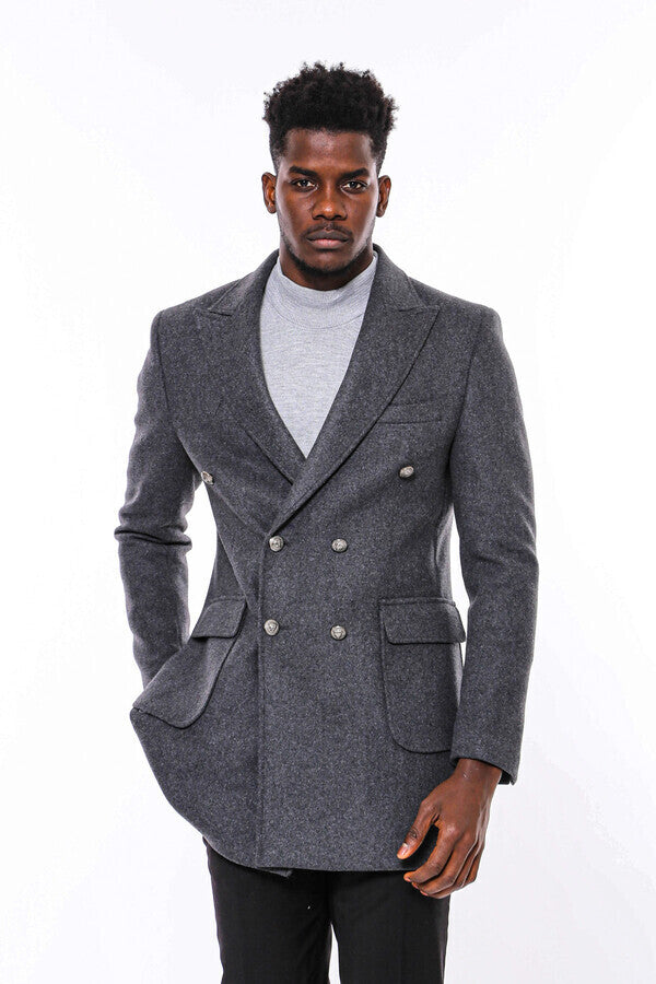 WSS Dark Grey Metal Buttoned Double Breasted Long Coat  - Borgerhout