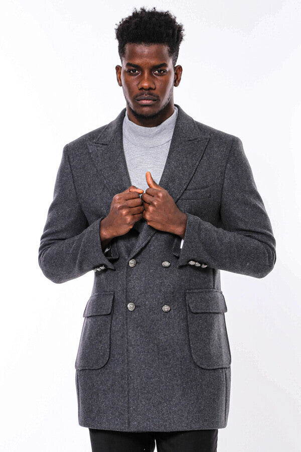 WSS Dark Grey Metal Buttoned Double Breasted Long Coat  - Borgerhout