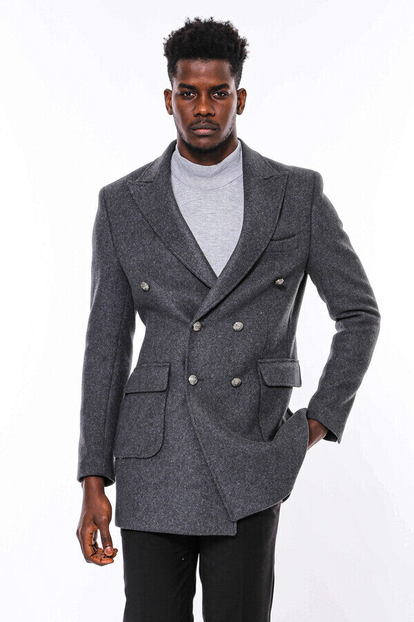 WSS Dark Grey Metal Buttoned Double Breasted Long Coat  - Borgerhout