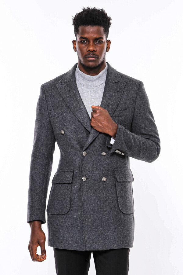 WSS Dark Grey Metal Buttoned Double Breasted Long Coat  - Borgerhout