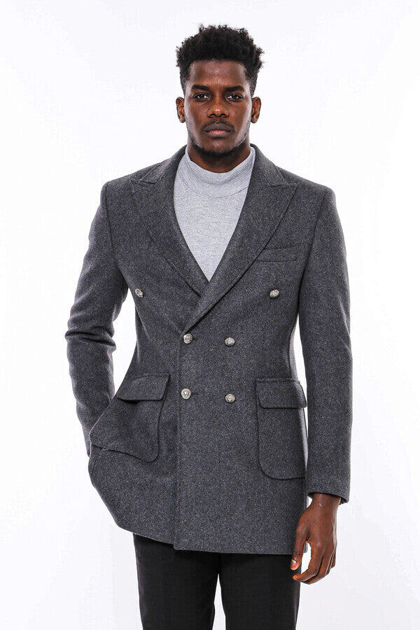 WSS Dark Grey Metal Buttoned Double Breasted Long Coat  - Borgerhout