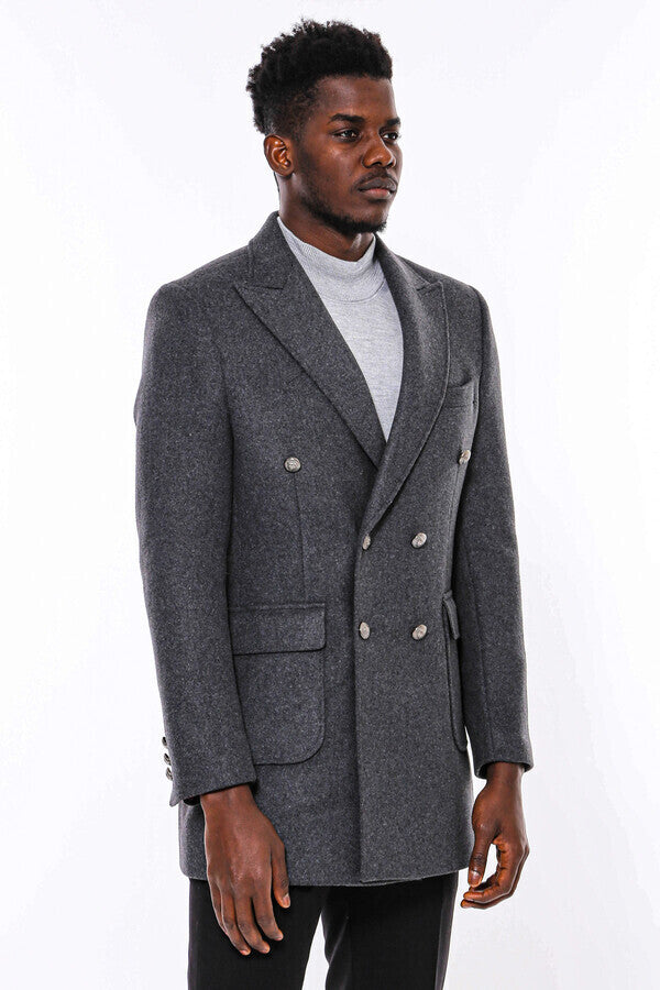 WSS Dark Grey Metal Buttoned Double Breasted Long Coat  - Borgerhout