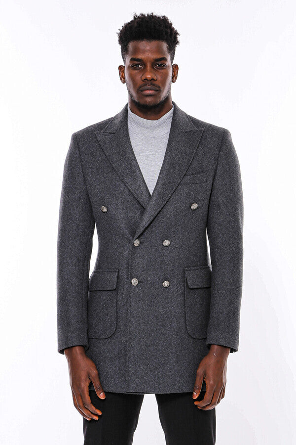 WSS Dark Grey Metal Buttoned Double Breasted Long Coat  - Borgerhout