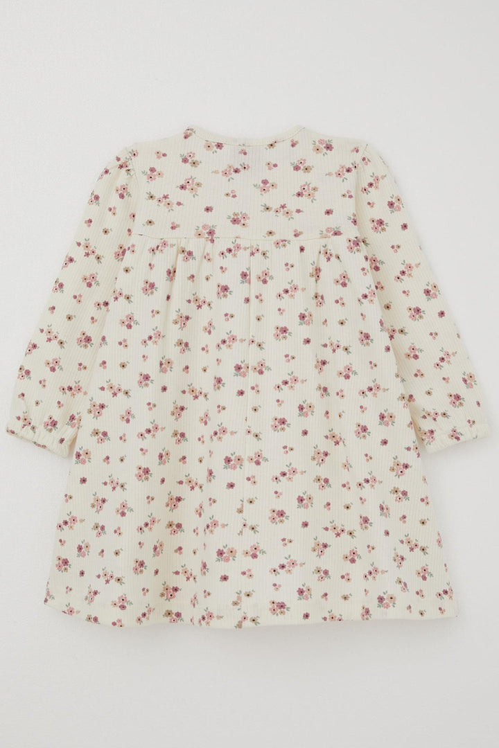 BRE Deco Girl Child Long Sleeve Dress with Flower Pattern Bow Accessory 2-5 Years, Ecru - Schorndorf