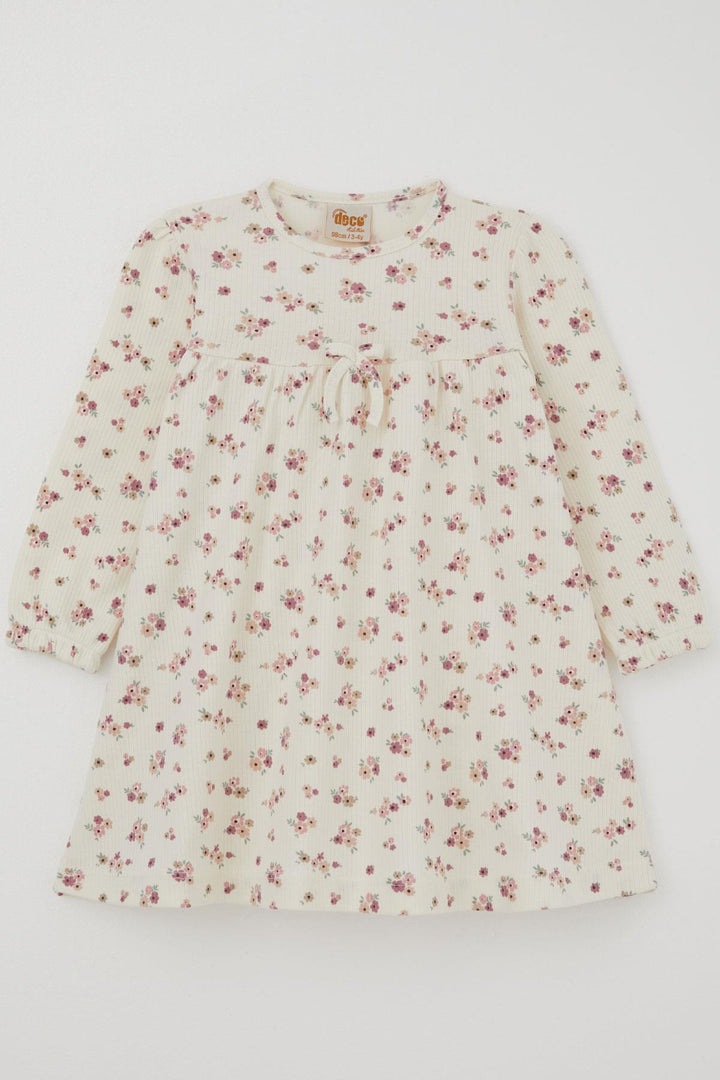 BRE Deco Girl Child Long Sleeve Dress with Flower Pattern Bow Accessory 2-5 Years, Ecru - Schorndorf