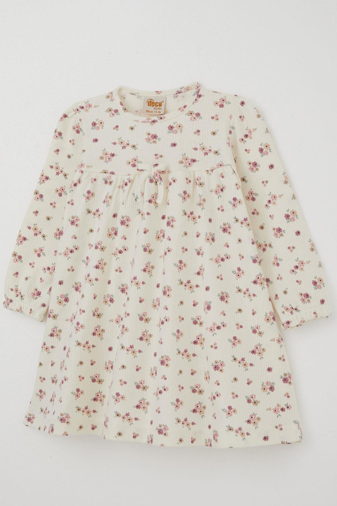 BRE Deco Girl Child Long Sleeve Dress with Flower Pattern Bow Accessory 2-5 Years, Ecru - Schorndorf