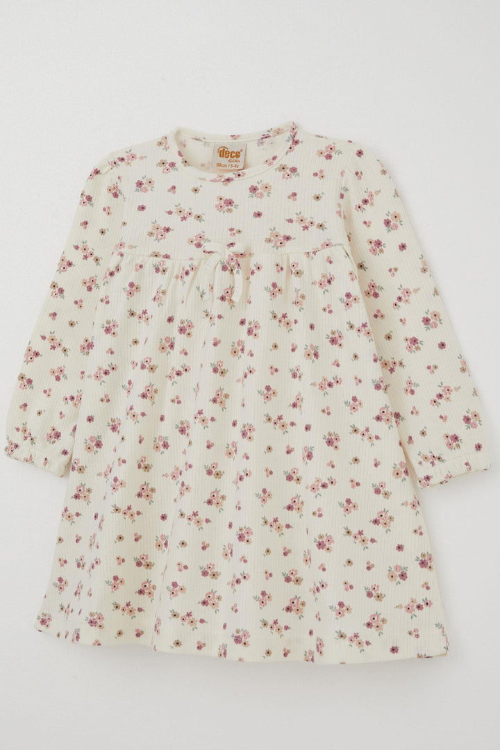 BRE Deco Girl Child Long Sleeve Dress with Flower Pattern Bow Accessory 2-5 Years, Ecru - Schorndorf